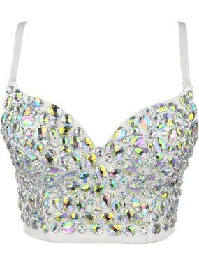 Women's White 2 Lace Mesh Rhinestone Diamond Bra Push Up Bustier Corset Crop Top